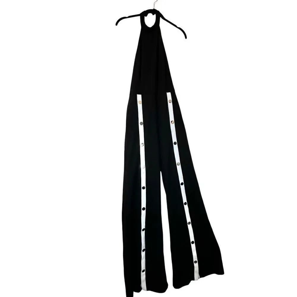Venus Open Back Contrast Trim One Piece Halter Track Jumpsuit Black White XS